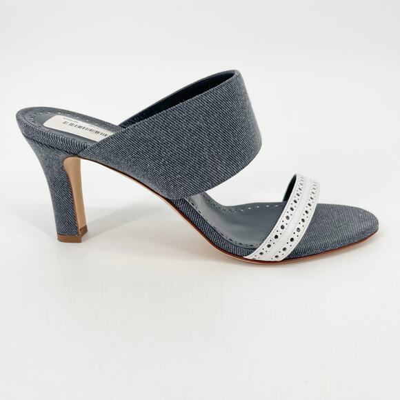 NWB Manolo Blahnik Denala Blue White Denim Leather Dual Band Slide Heels IT 40 - Picture 4 of 14